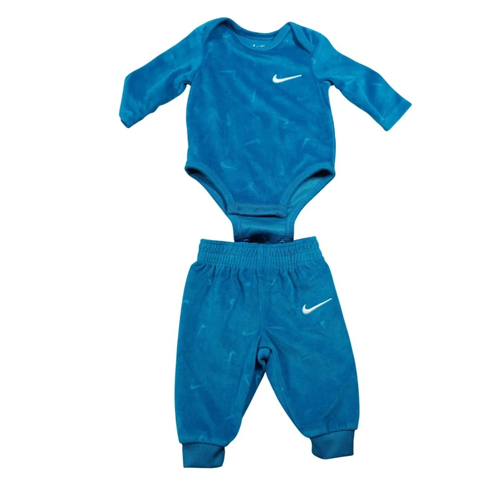 Nike Baby Boy 3M Velour Footed Sleeper Bodysuit and Pants Set Blue Teal 3 Piece